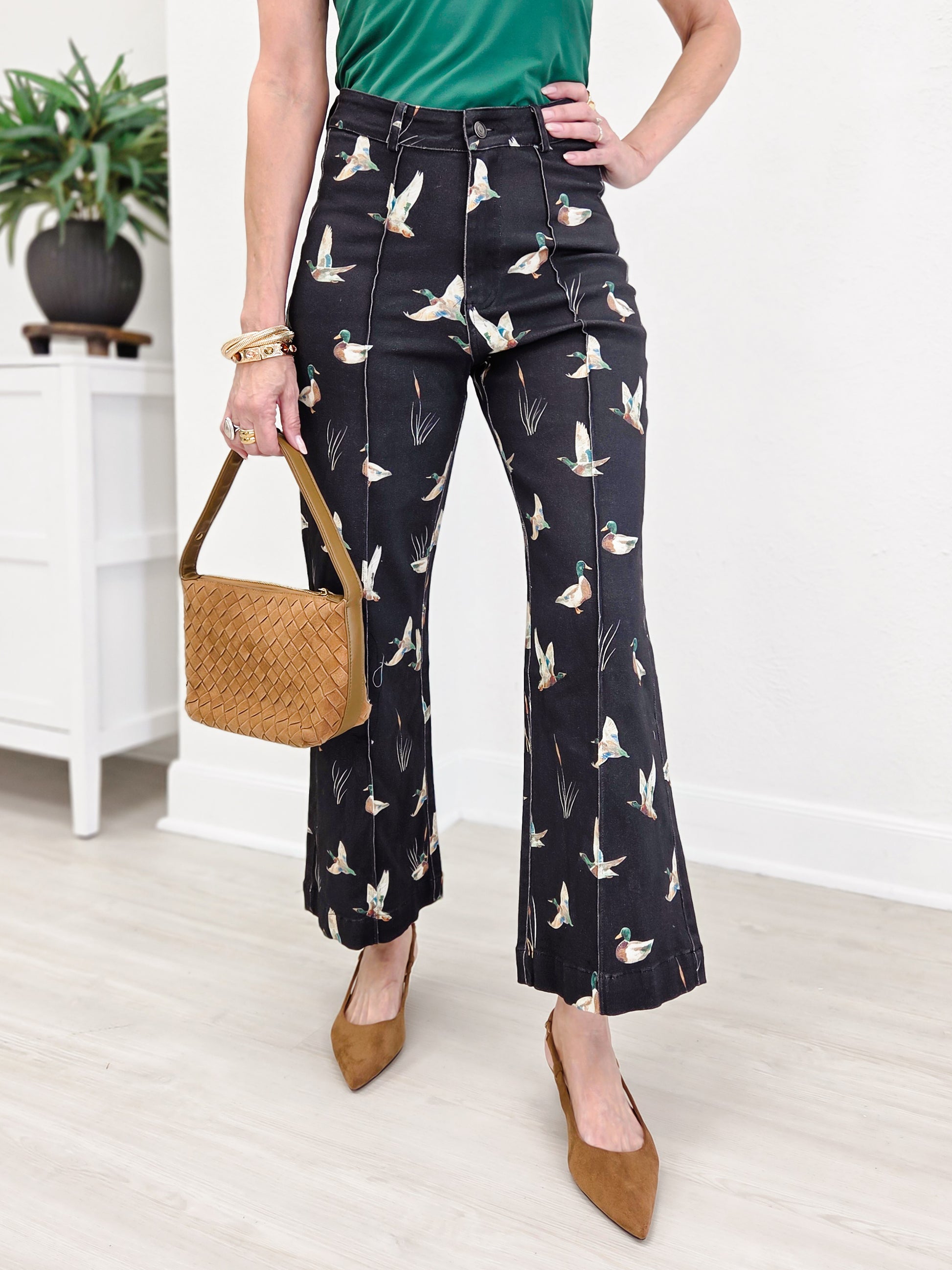 Mallard Printed Stretch Denim Wide Leg Jeans