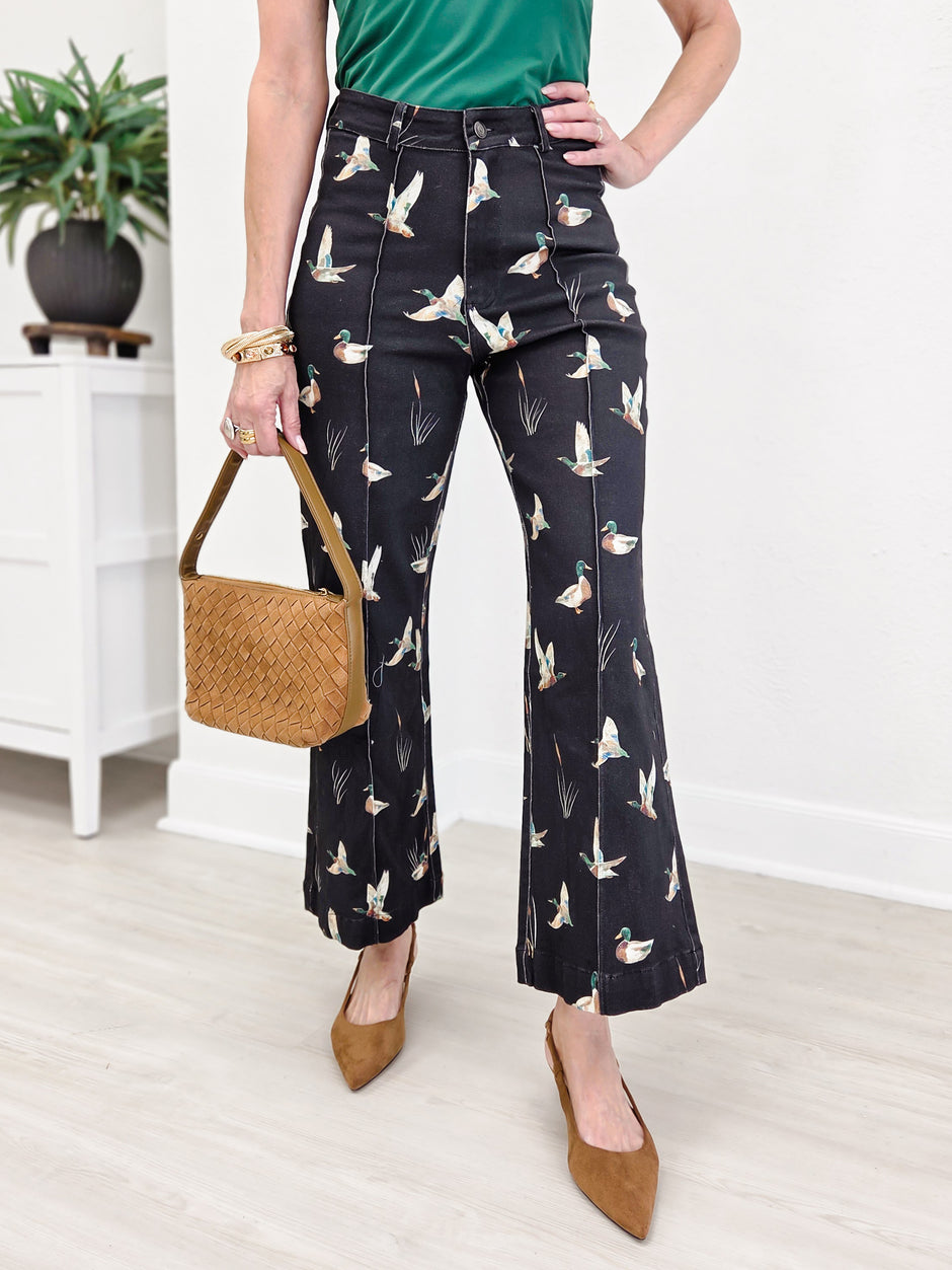 Mallard Printed Stretch Denim Wide Leg Jeans