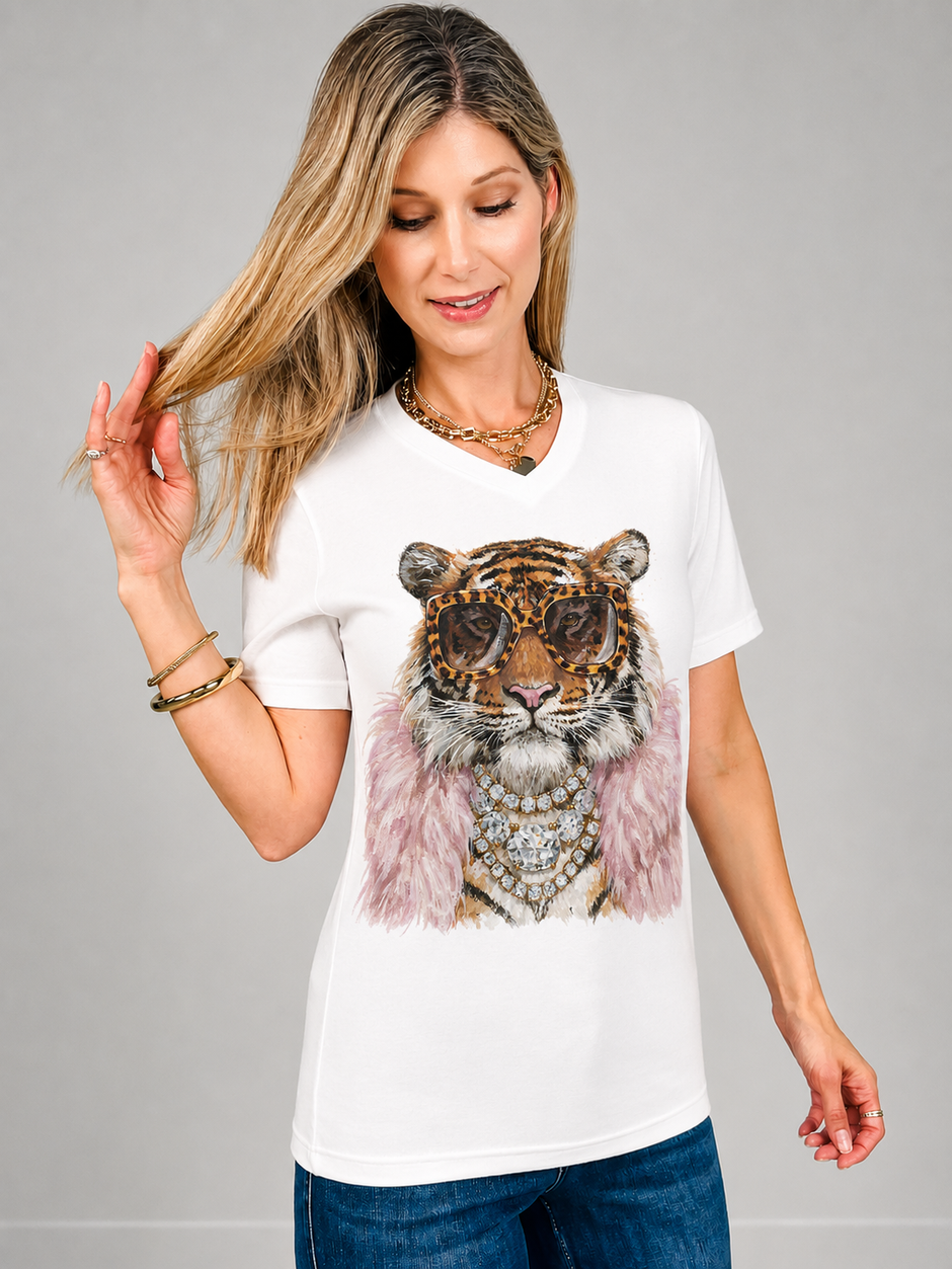 Glamorous Tiger V-Neck Graphic Tee
