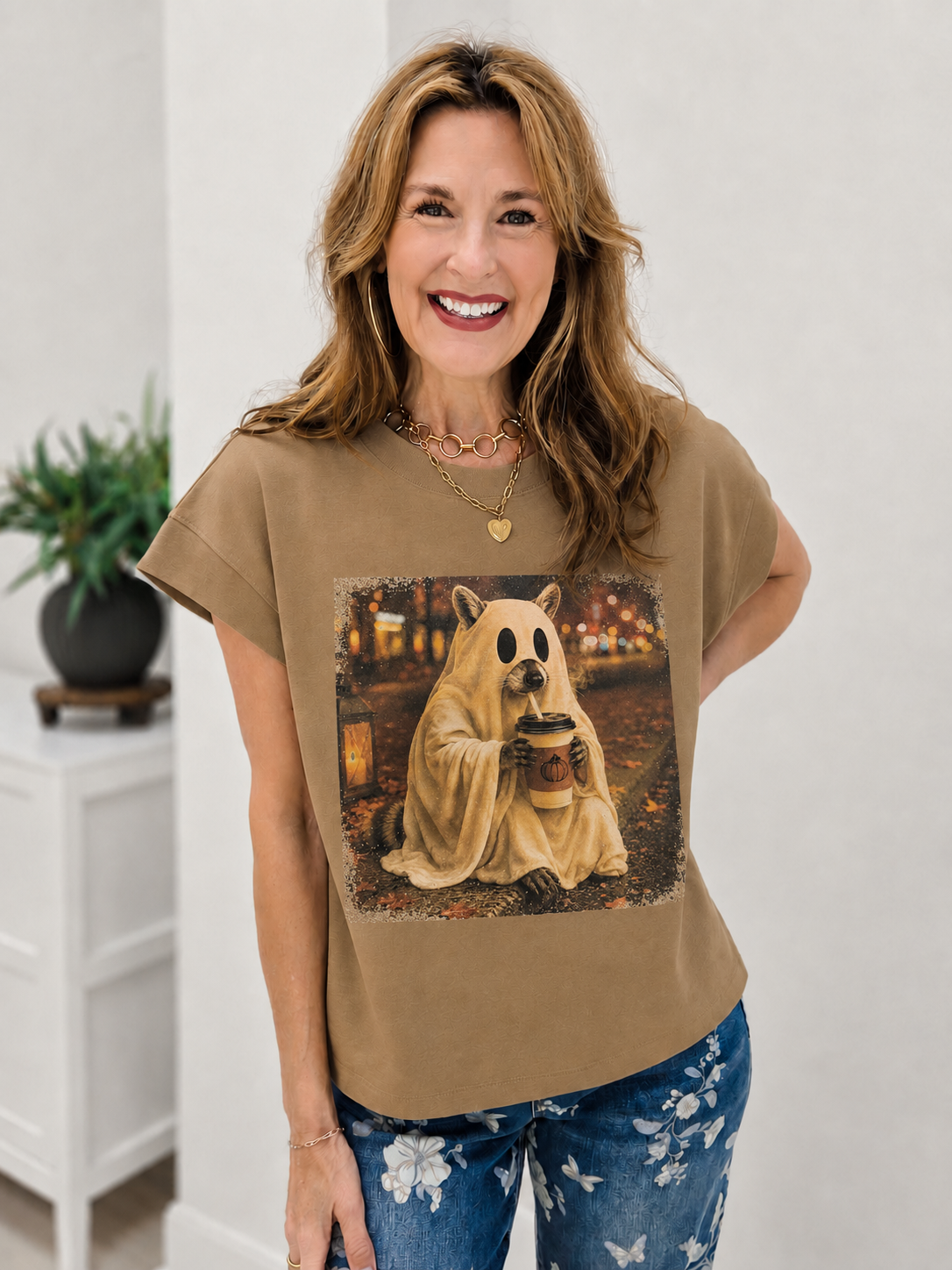 Raccoon Ghost Drinking Coffee Graphic Tee