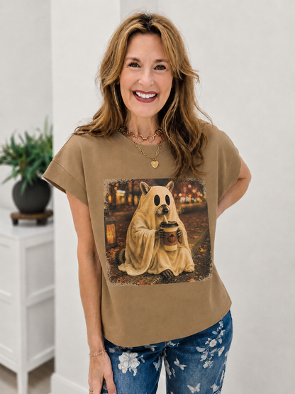 Raccoon Ghost Drinking Coffee Graphic Tee