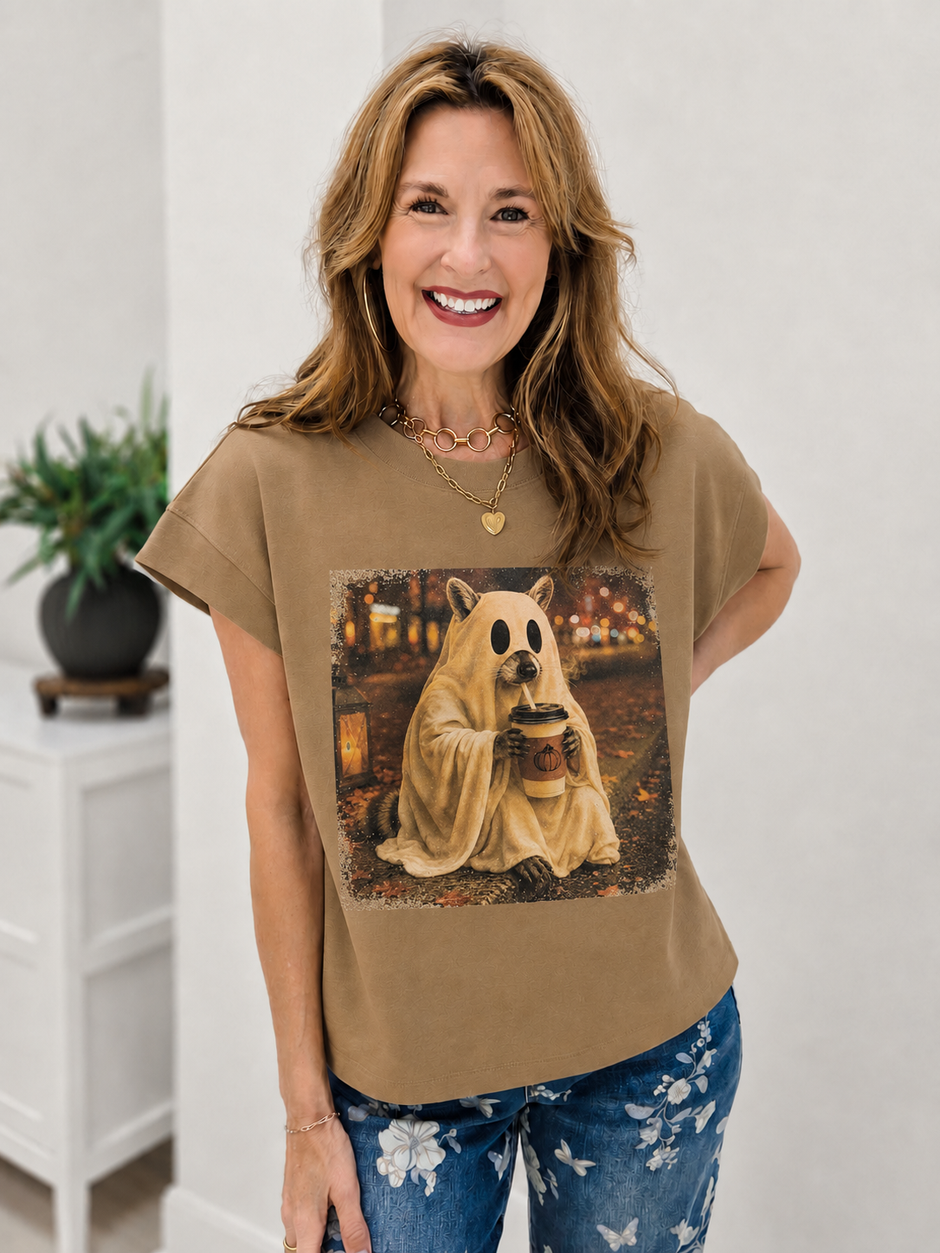 Raccoon Ghost Drinking Coffee Graphic Tee