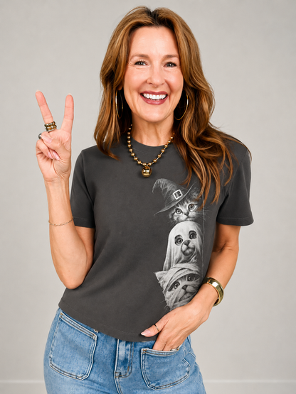Halftone Halloween Kitties Graphic Tee