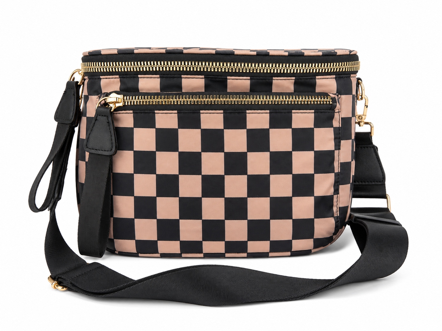 Oversized Nylon Double Zipper Checkered Crossbody in Mocha/Black