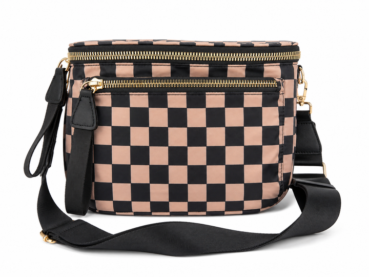 Oversized Nylon Double Zipper Checkered Crossbody in Mocha/Black