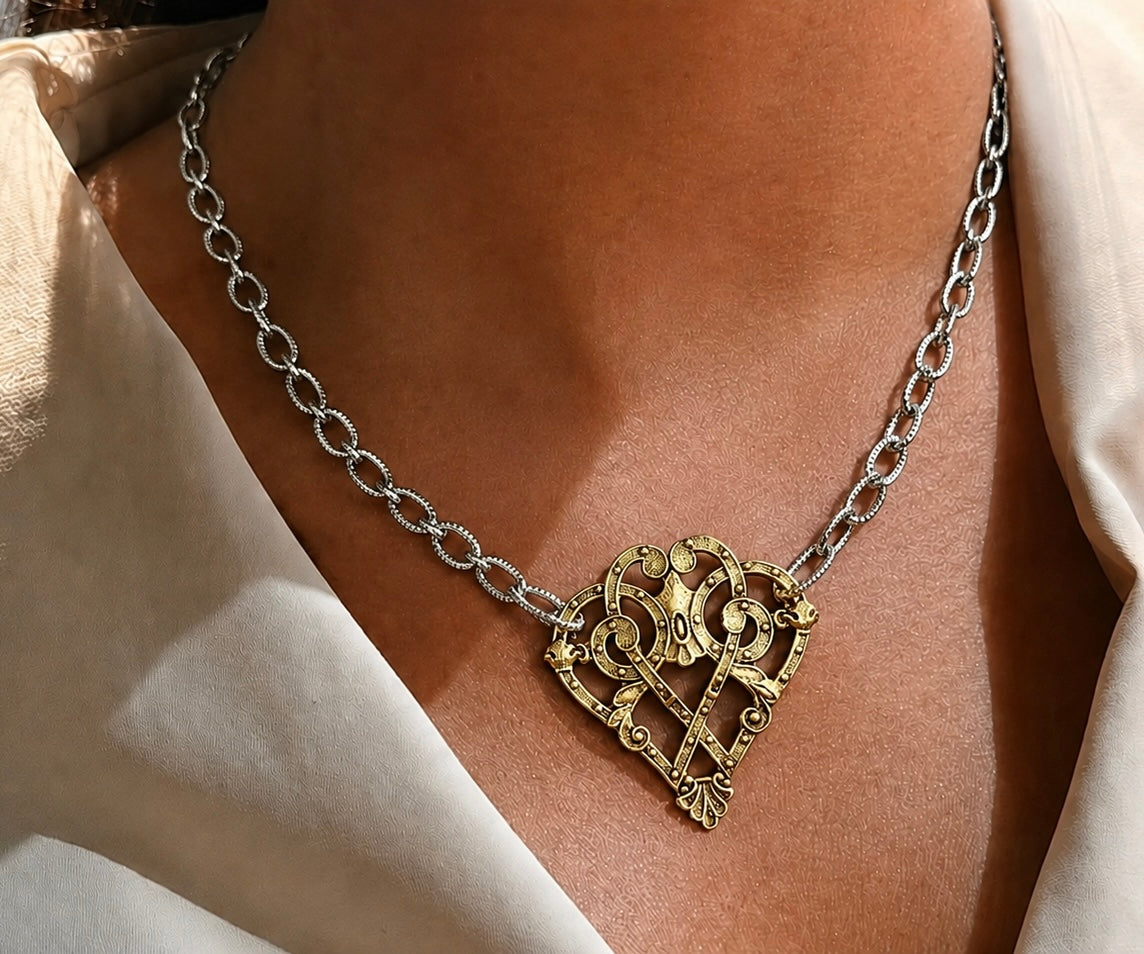 Mixed Metal Sterling and Gold Plated 17" Chain with Vintage Reproduction Scroll Heart