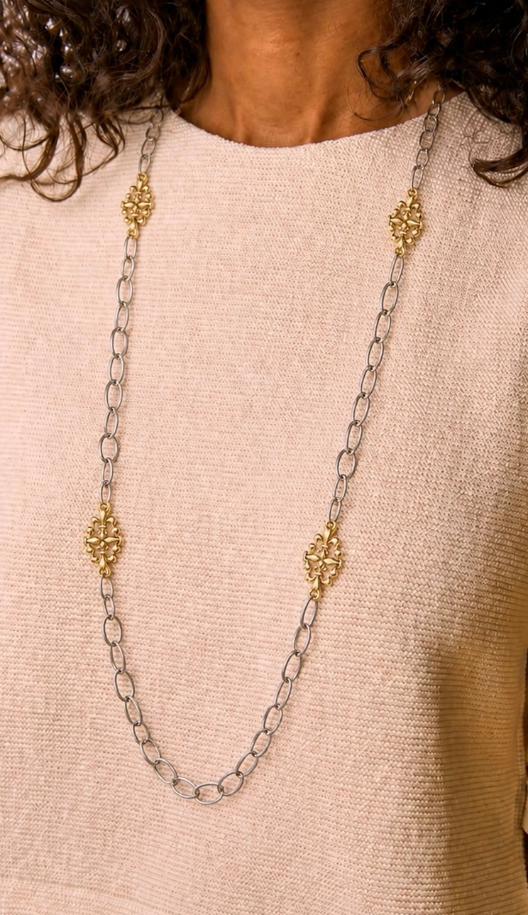 Mixed Metal Sterling & Gold Plated 36" Chain with Vintage Reproduction Fleur De Lis Accents