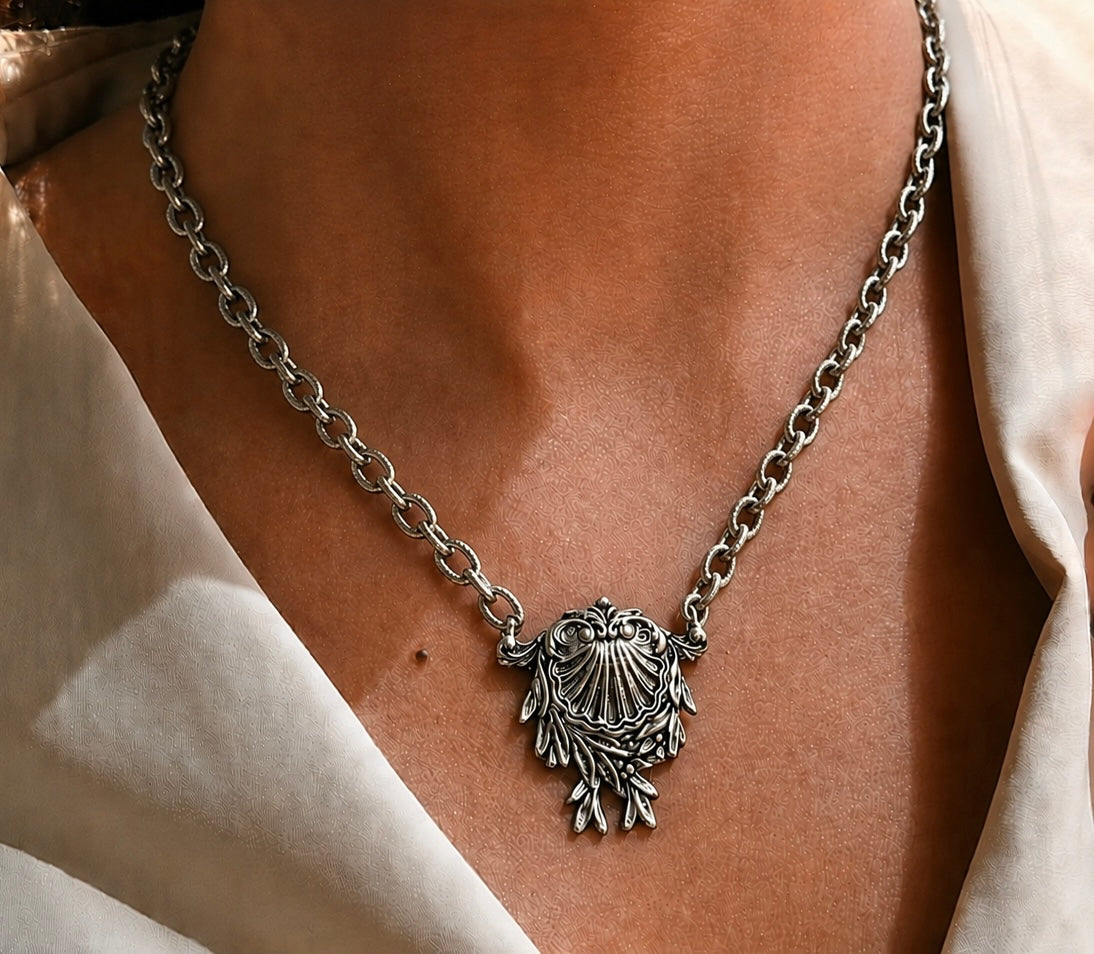 Sterling Plated 17" Chain with Vintage Victorian Shell Brooch