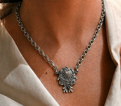 Sterling Plated 17" Chain with Vintage Victorian Shell Brooch