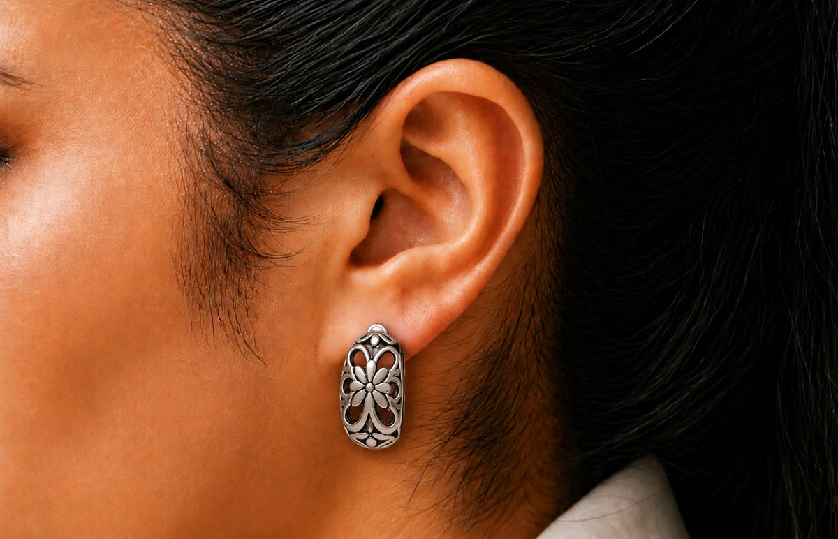 Reproduction Gold Plated Floral Half Hoop Earrings