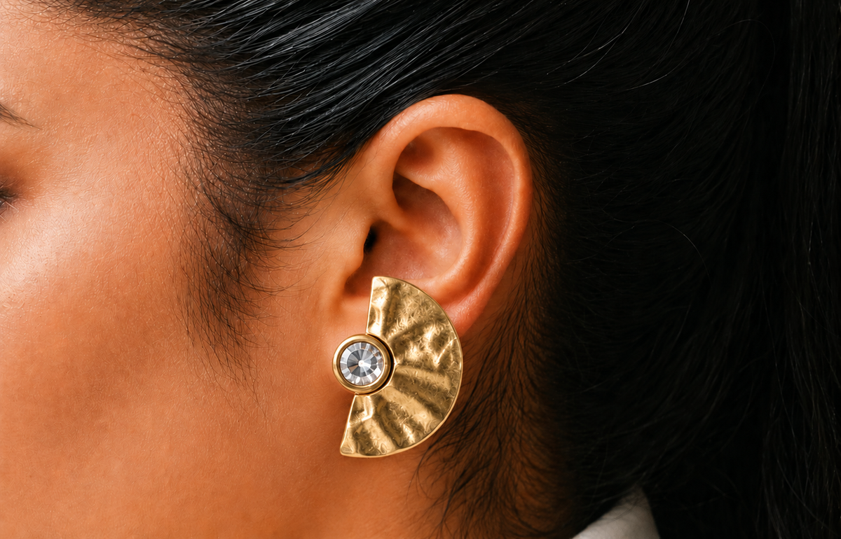 Gold plated Repurposed fan earring with vintage swarovski crystal