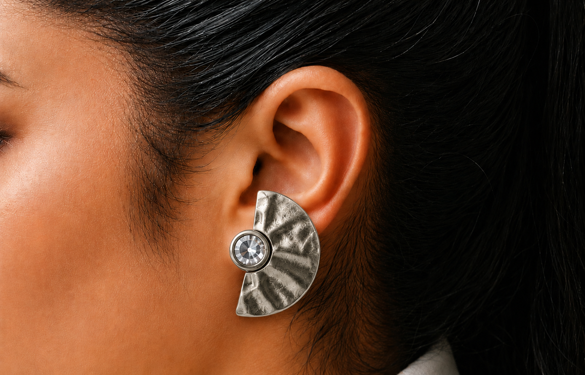 sterling plated Repurposed fan earring with vintage swarovski crystal