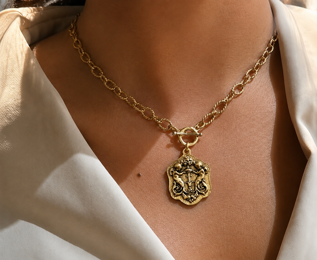 Vintage Gold 18" Chain and Toggle with Gold Reproduction Angel Pendant