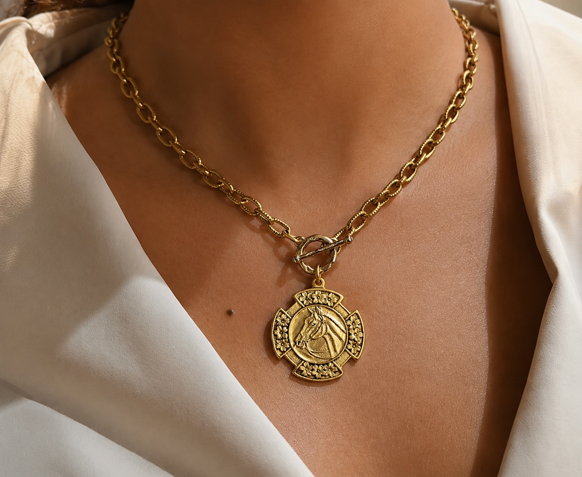 Vintage Gold 18" Chain And Toggle With Reproduction Gold Horse Flower Pendant