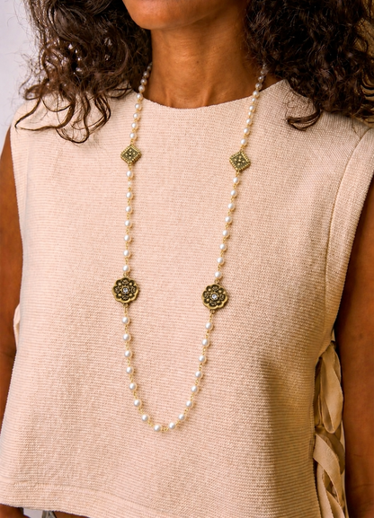 Vintage Reproduction Gold Charm & Pearl Necklace