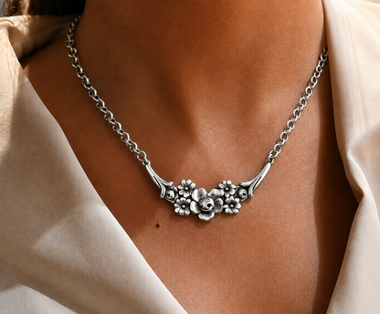 Vintage Reproduction Silver Floral Crescent Necklace