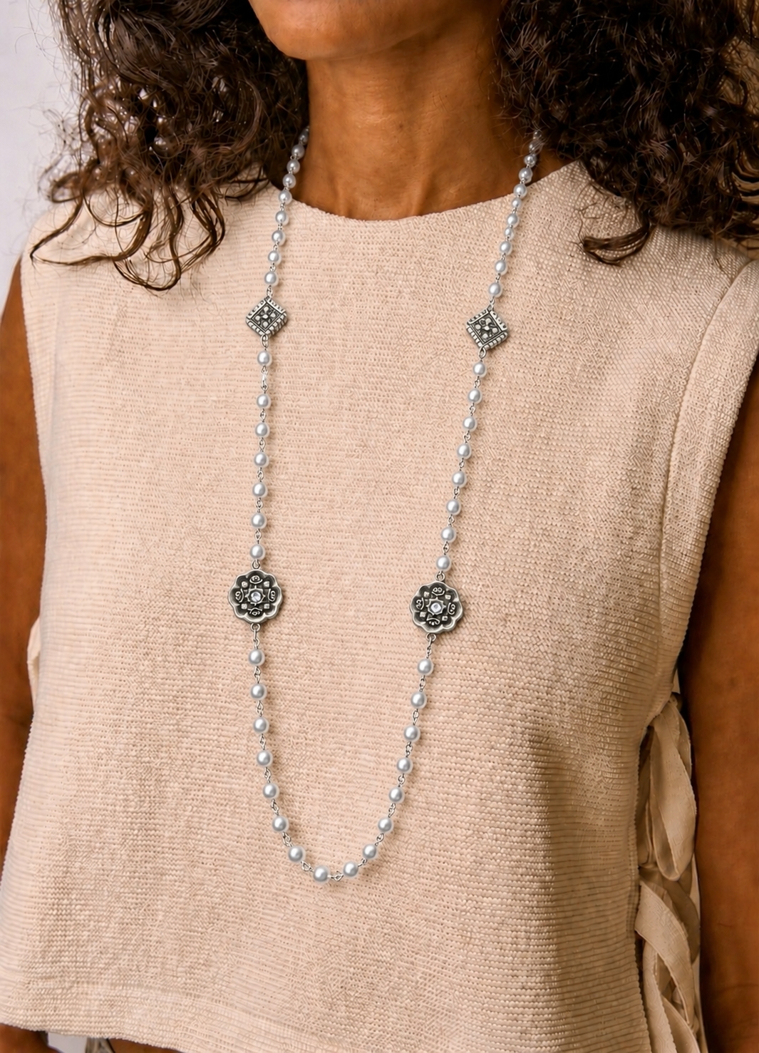 Vintage Reproduction Silver Charm & Pearl Necklace