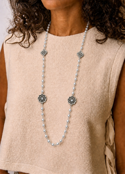 Vintage Reproduction Silver Charm & Pearl Necklace