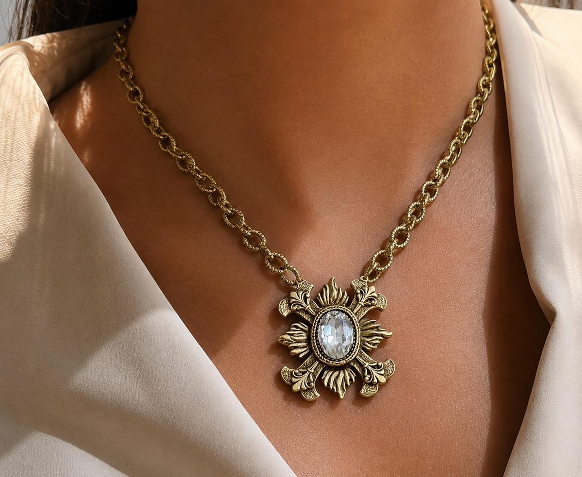 Gold Plated 17" Chain with Repurposed Fleur de lis and Swarovski Crystal Pendant