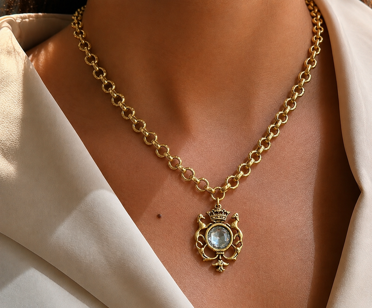 Gold plated 17" Chain with Repurposed Heraldic and vintage Swarovski crystal pendant