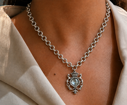Sterling plated 17" Chain with Repurposed herladic and vintage Swarovski crystal pendant