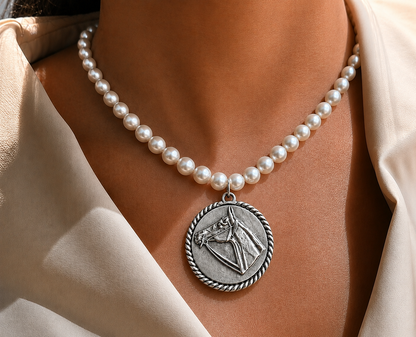 vintage faux Pearl necklace w/ Vintage reproduction Sterling Plated Horse Pendant