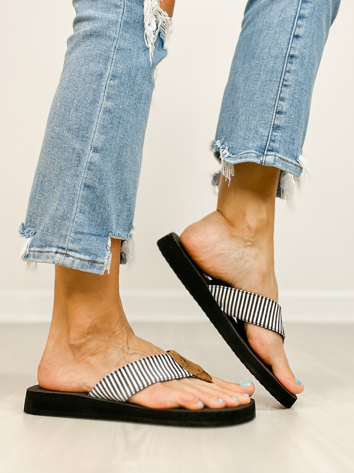 Corkys Summer Break Flip Flop Sandals in Black White Stripe