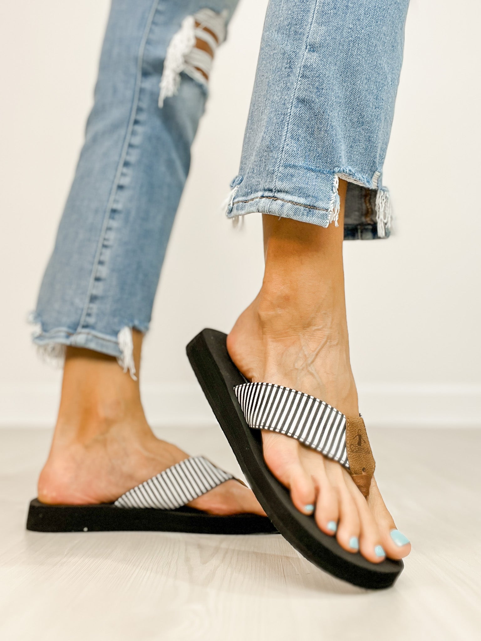Corkys Summer Break Flip Flop Sandals in Black White Stripe
