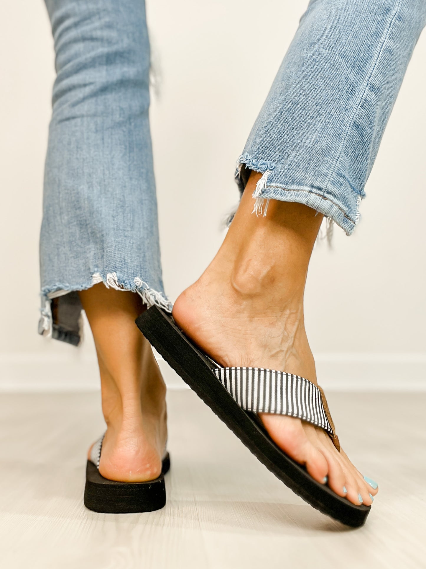 Corkys Summer Break Flip Flop Sandals in Black White Stripe