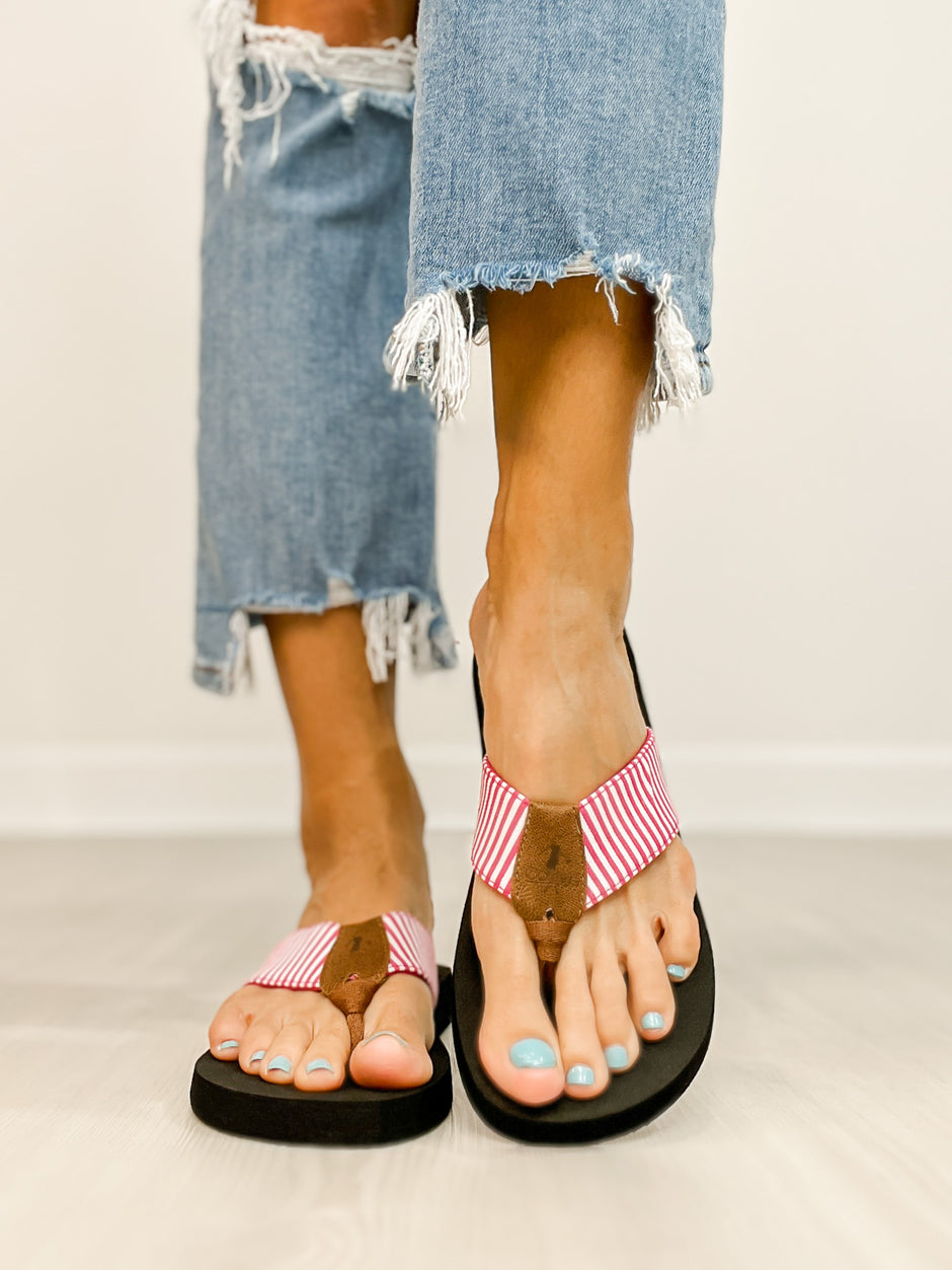Corkys Summer Break Flip Flop Sandals in Pink White Stripe