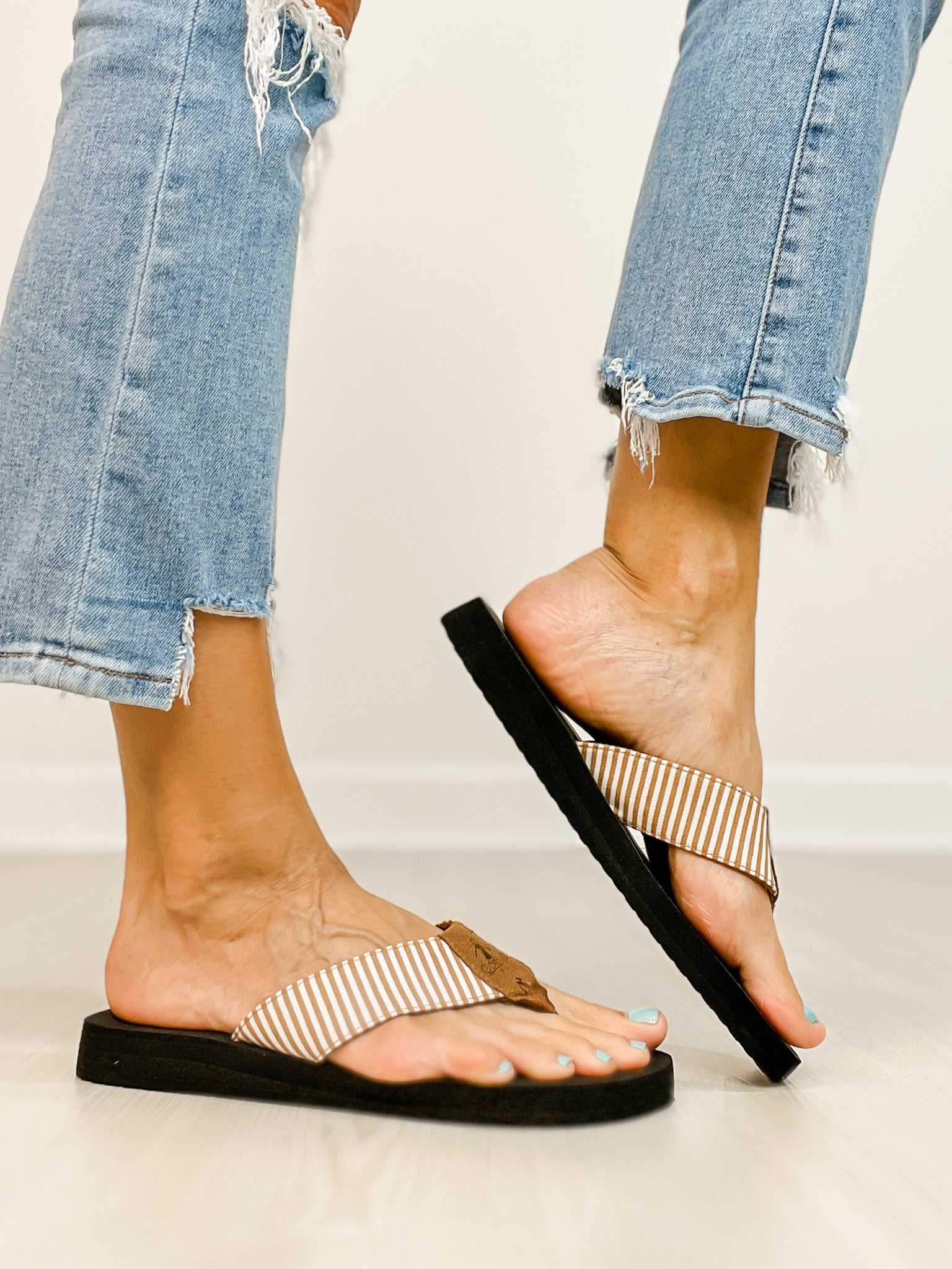 Corkys Summer Break Flip Flop Sandals in Tan White Stripe