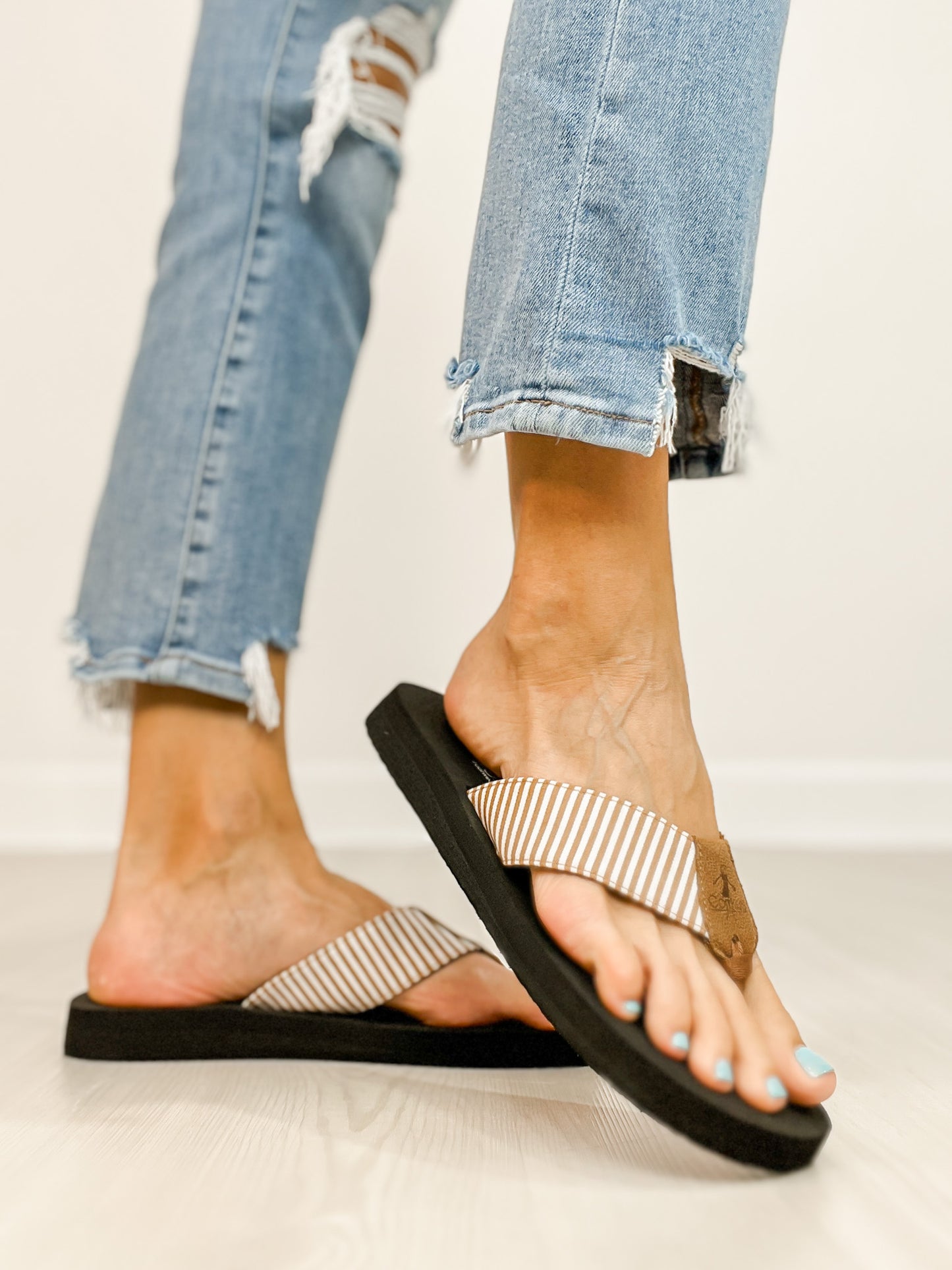 Corkys Summer Break Flip Flop Sandals in Tan White Stripe