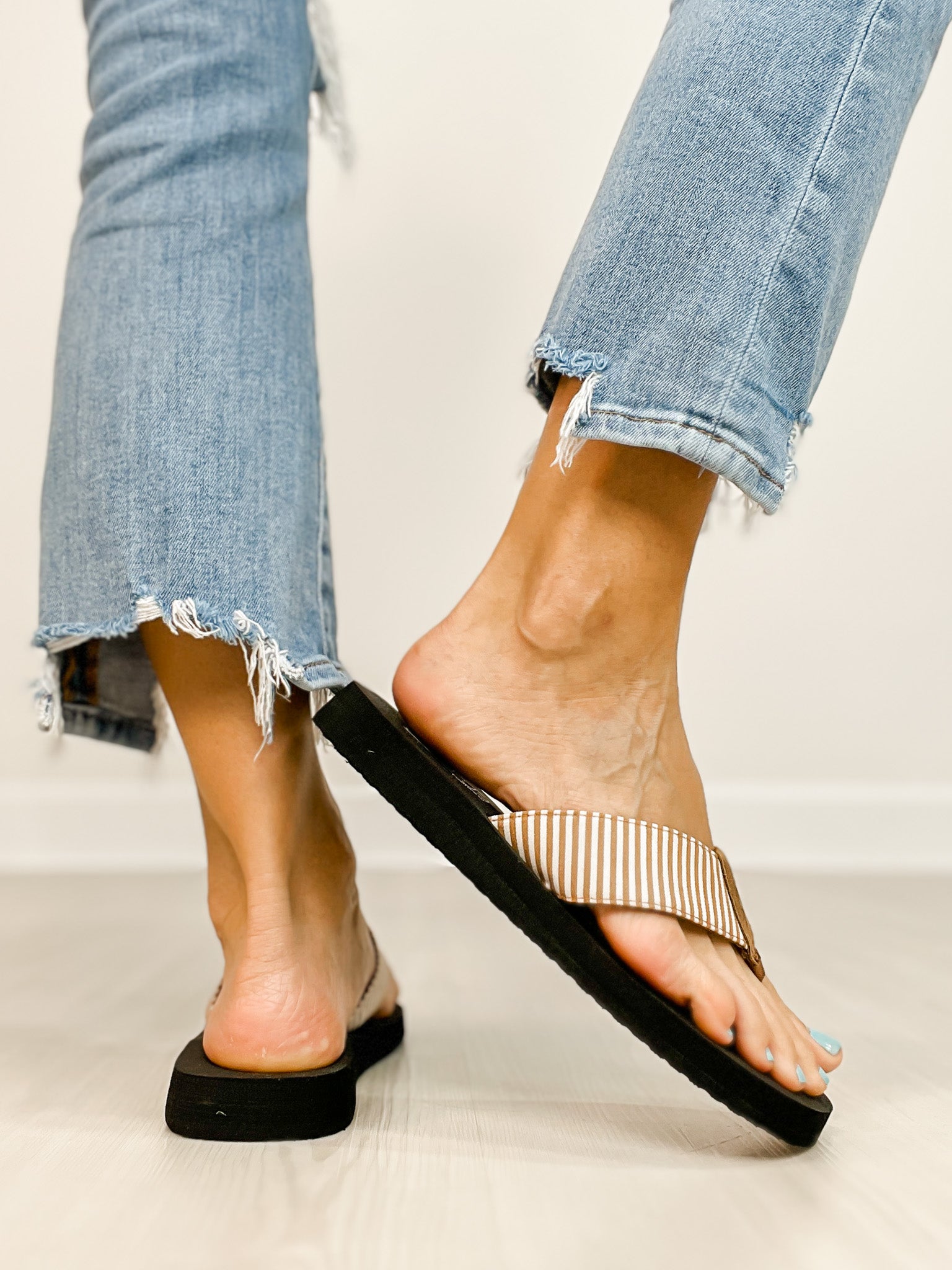 Corkys Summer Break Flip Flop Sandals in Tan White Stripe