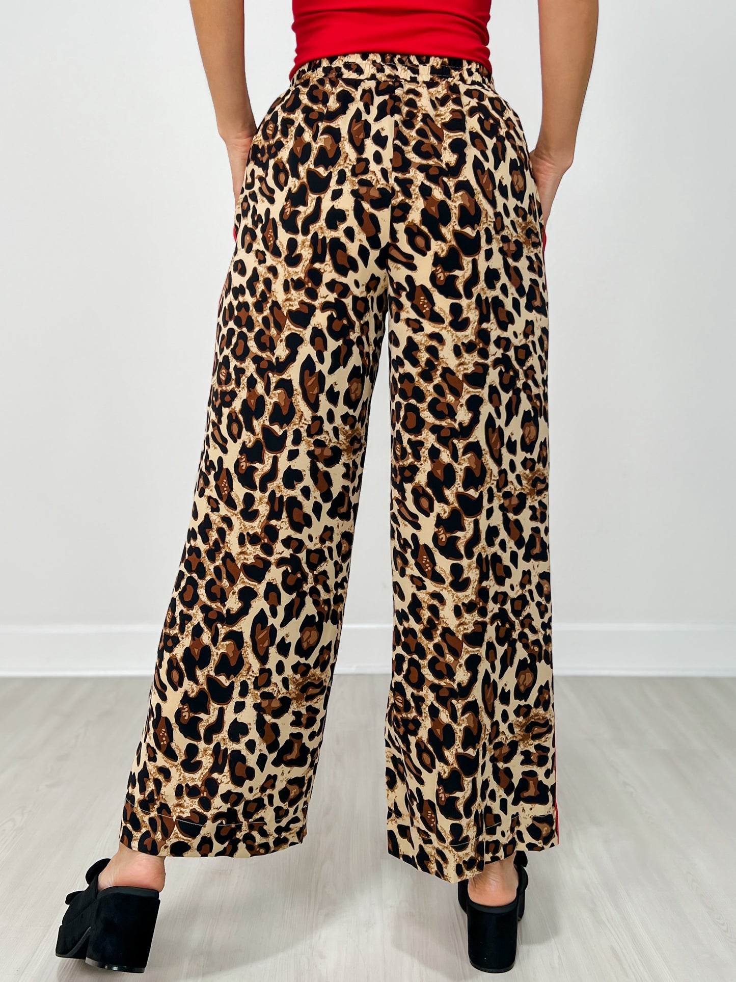 Elastic Waist Leopard Pants with Contrast Color Stripe Sides