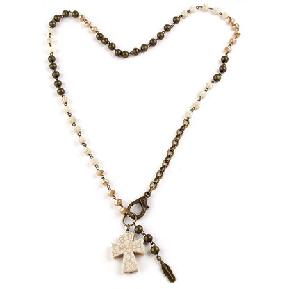 Bronze Beaded Feather and Cross Necklace