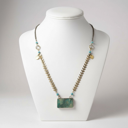 Petite Genuine Turquoise And Quartz Fishbone Necklace