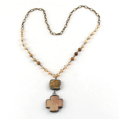 8mm Beaded Rosary Chain Stone Pendant Necklace