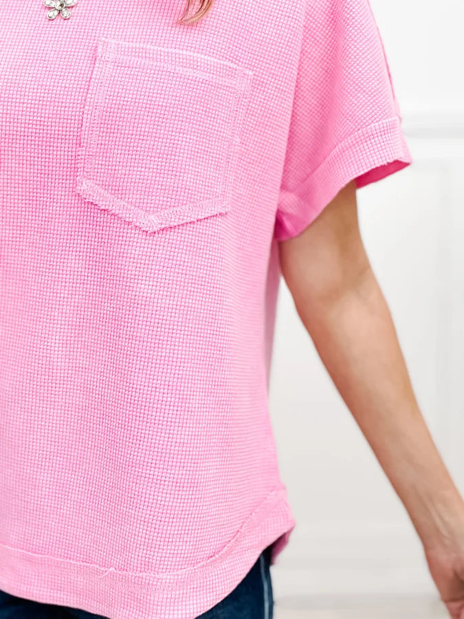 Oversized Vintage Wash Waffle Knit Top with Front Pocket