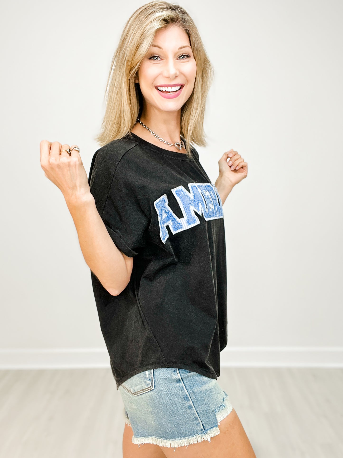 Washed Jersey Short Sleeve Top With America Patch