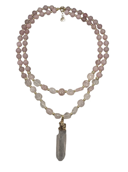 Layered Crystal Beaded Necklace with Quartz Pendant