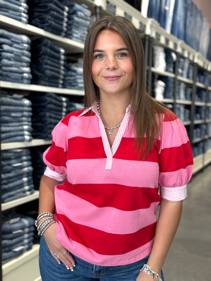 Puff Sleeve Rugby Striped Contrast Collar Polo Shirt