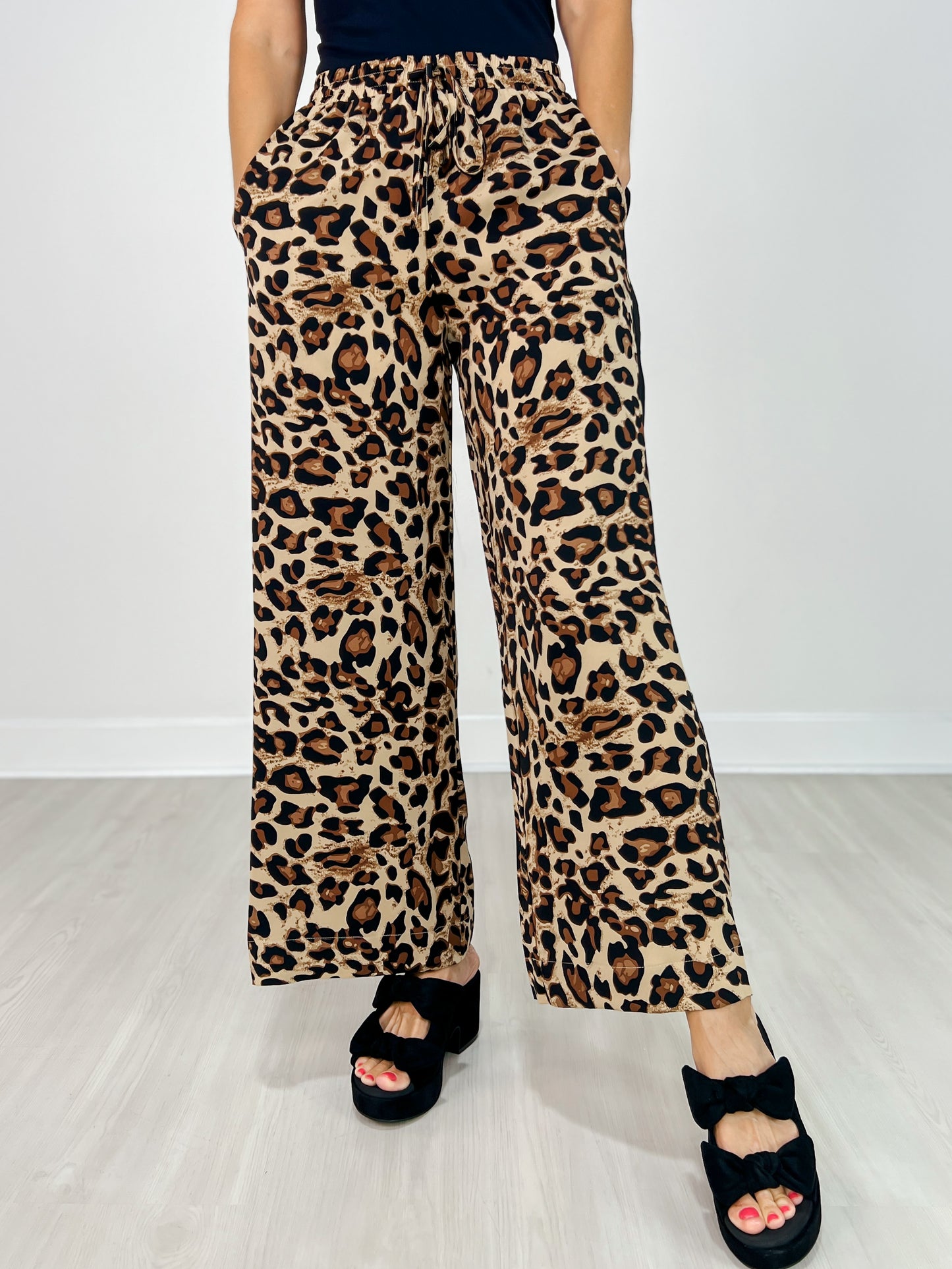 Elastic Waist Leopard Pants with Contrast Color Stripe Sides
