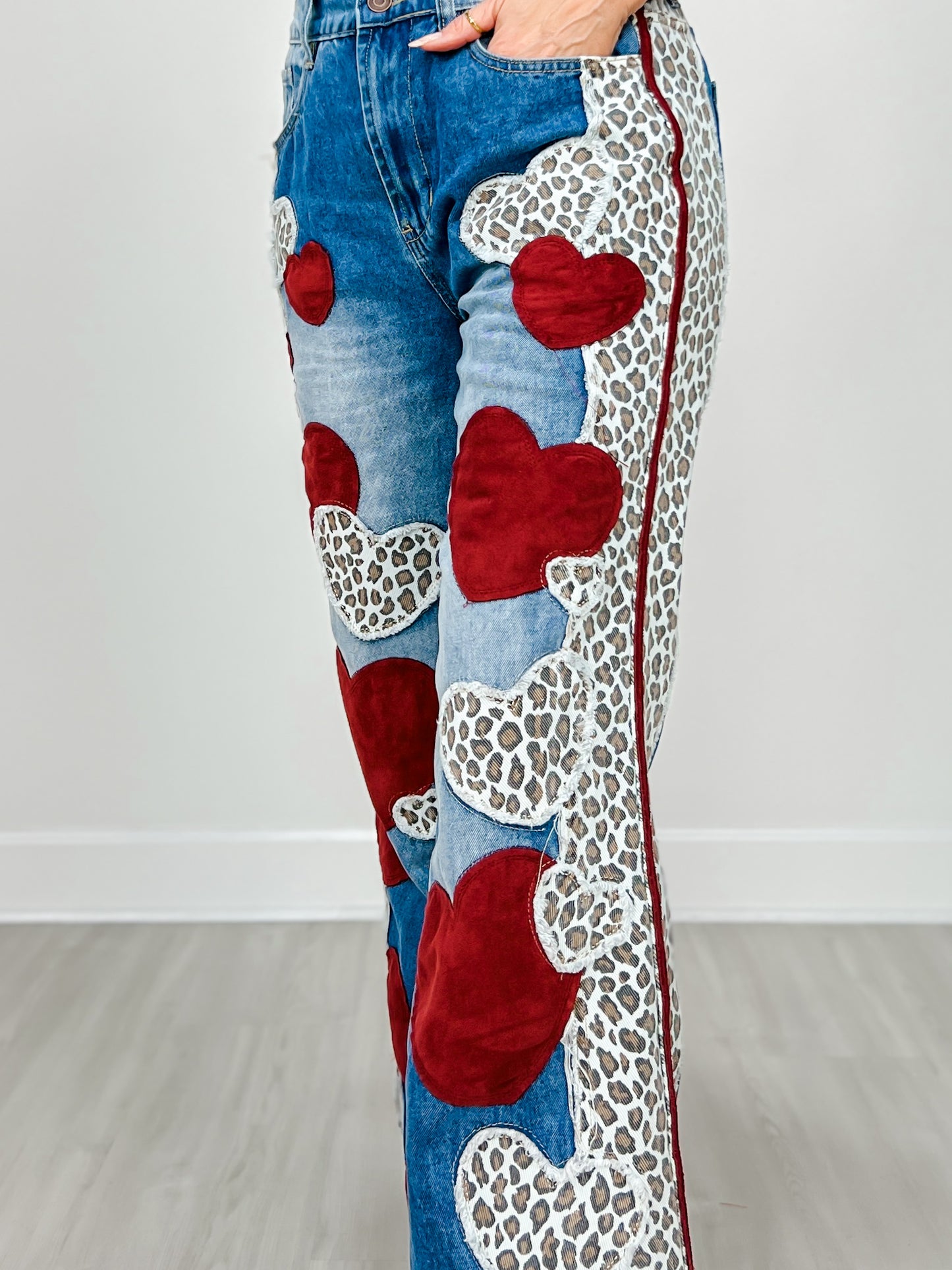 Washed Heart and Leopard Mix Straight Jeans
