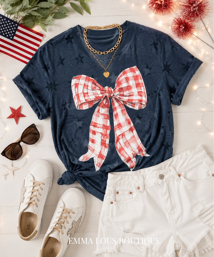 Navy Stars & Gingham Bow Graphic Tee