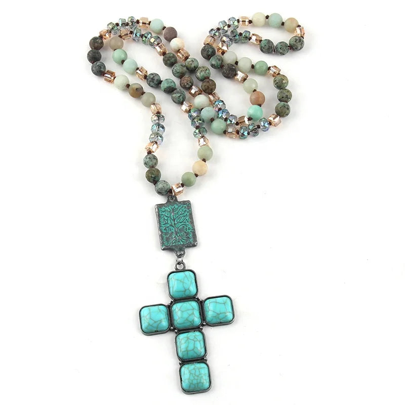 Boho 8MM Beaded Turquoise Cross Necklace