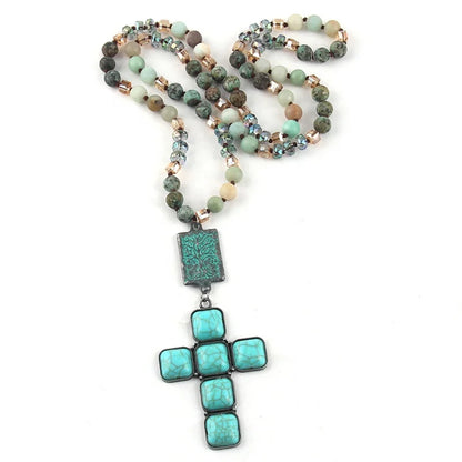 Boho 8MM Beaded Turquoise Cross Necklace