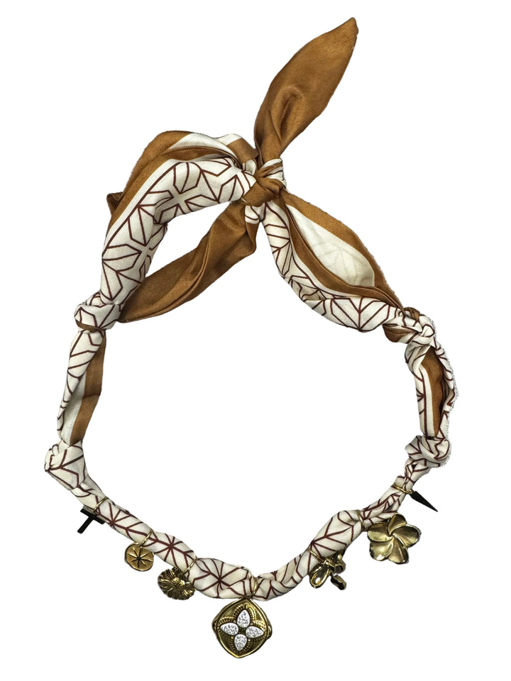 Geometric Cream Brown Silk Scarf Charm Necklace