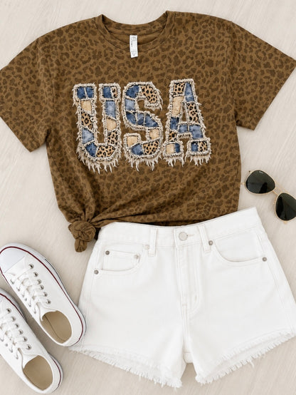 USA Leopard Patchwork Graphic Tee
