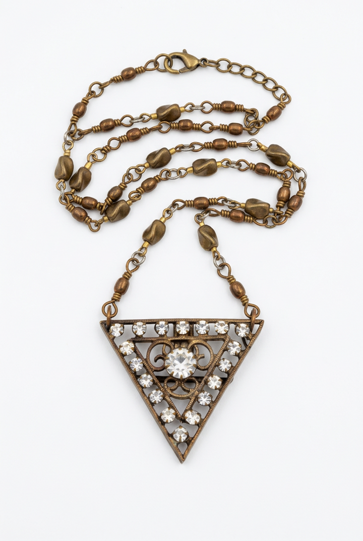 Vintage Chain Necklace with Rhinestone Triangle Sash Buckle