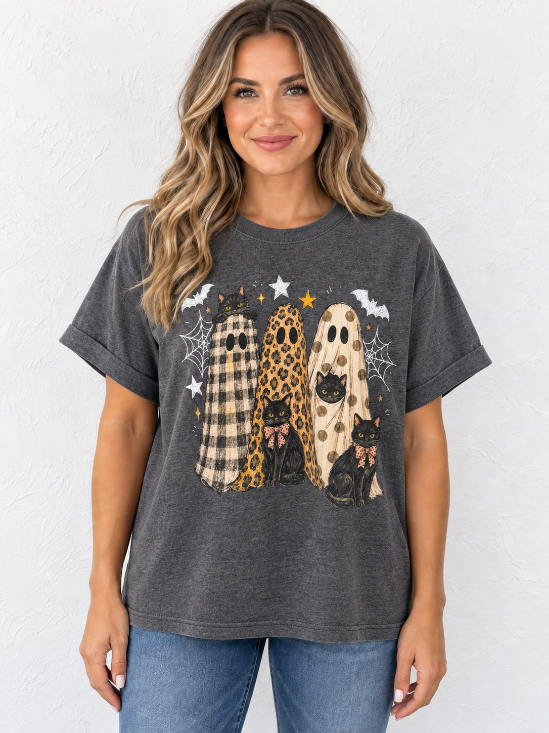 3 Trendy Ghosts On Dark Grey Graphic Tee